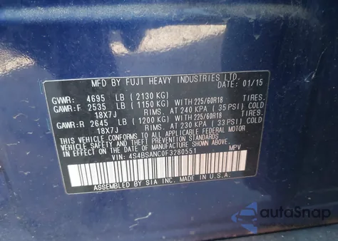 2015 Subaru Outback 2.5I Limited from USA, damaged, VIN 4S4BSANC0F3280551